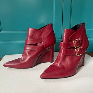 Derek Lam Marta Buckle Leather Wedge Booties in Carnelian Holiday Red (size 9)